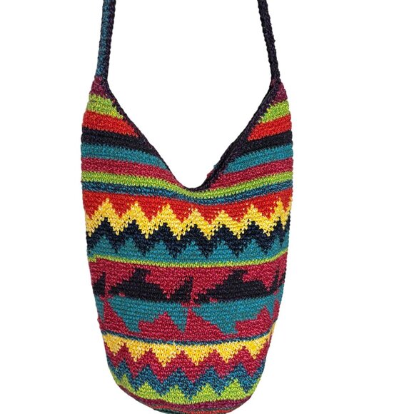 Crochet Shoulder Bag Zigzag Fish Patterned Colorful Long Strap Boho Hippie - Picture 5 of 16